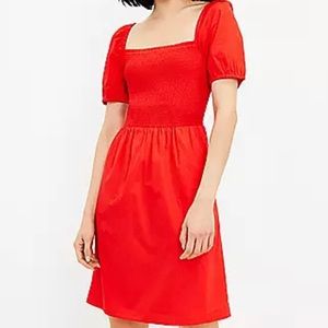 LOFT Red Smocked Midi Dress with Puff Sleeves- Size M